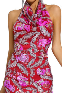 Aocoa Rose Red Sequins Halter Dress