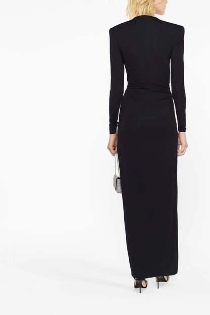 Furly Long Sleeve Ring V-Neck Maxi Dress In Black