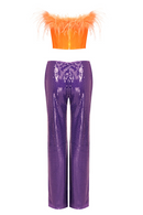Juhan Orange Feather And Purple Sequined Trousers Two-Piece Set