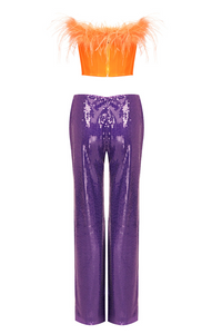 Juhan Orange Feather And Purple Sequined Trousers Two-Piece Set