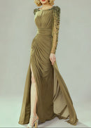 Faridoon Long Sleeve Crystal Maxi Dress In Green