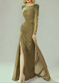 Faridoon Long Sleeve Crystal Maxi Dress In Green