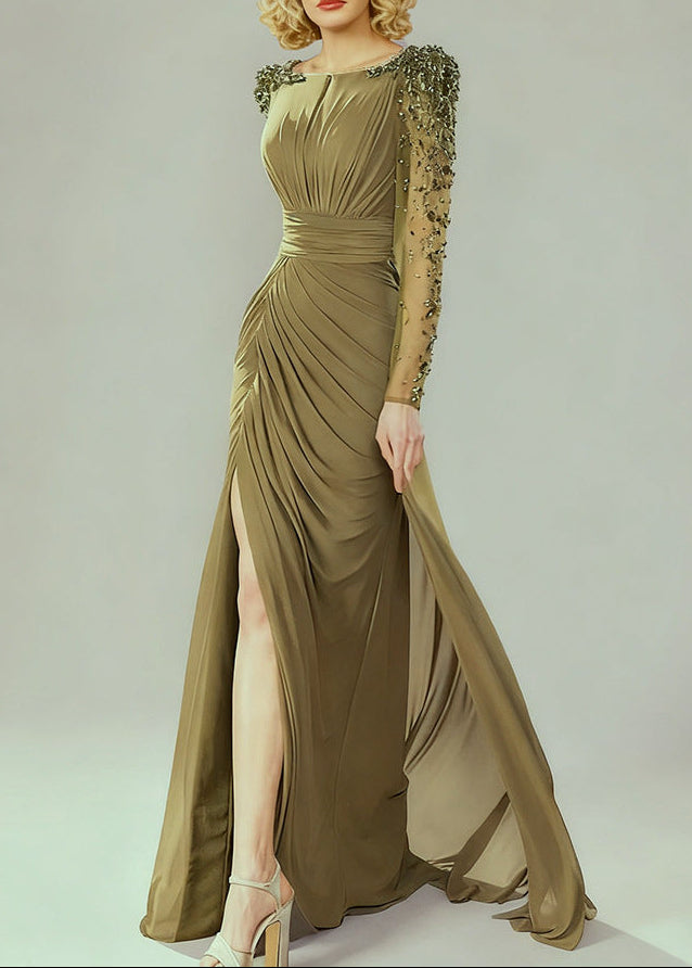 Faridoon Long Sleeve Crystal Maxi Dress In Green
