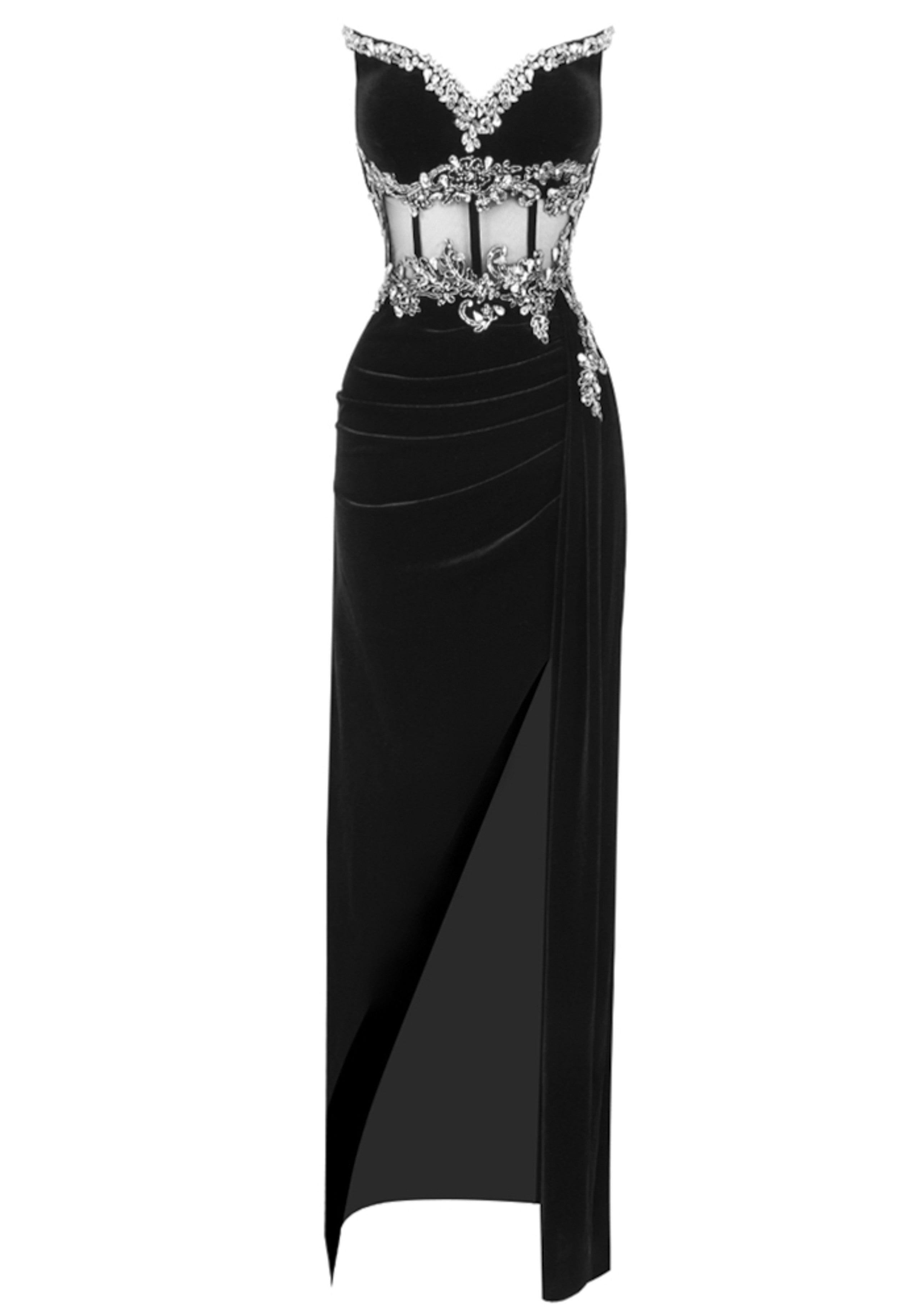 Eliette Strapless Crystal Floral Corset Maxi Velvet Dress In Black
