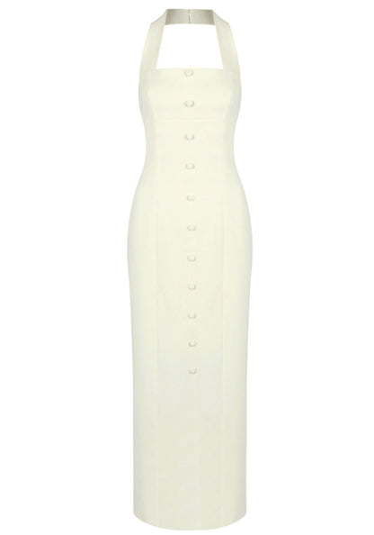 Revelle Halter Button Detail Maxi Dress In Ivory