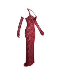 Denali Lace Mesh Maxi Dress In Wine Red