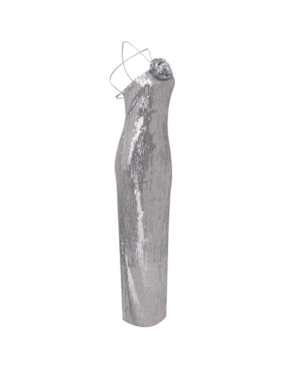 Devrim Floral-Appliqué Sequin Maxi Dress In Silver