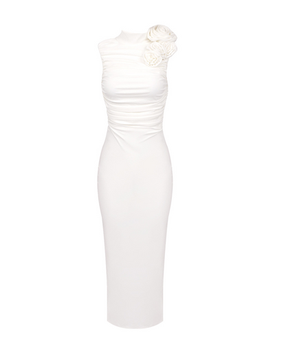 Liliana Flower Embellished Ruched Midi Dress In White