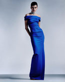 Cupid Slash Neck Pleated Maxi Dress In Blue