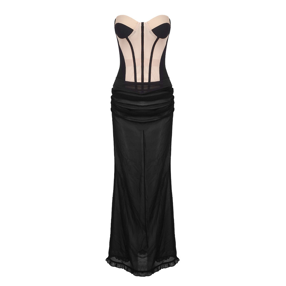 Ninamo Strapless Corset Two Piece Maxi Dress Black Nude