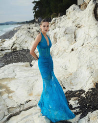 Valeria Lace Halterneck Maxi Dress In Blue