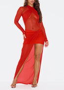 Ndoki Draped Split Mesh Maxi Dress In Red
