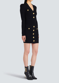 Sable Black Short Knitted Mini Dress With Gold Buttons