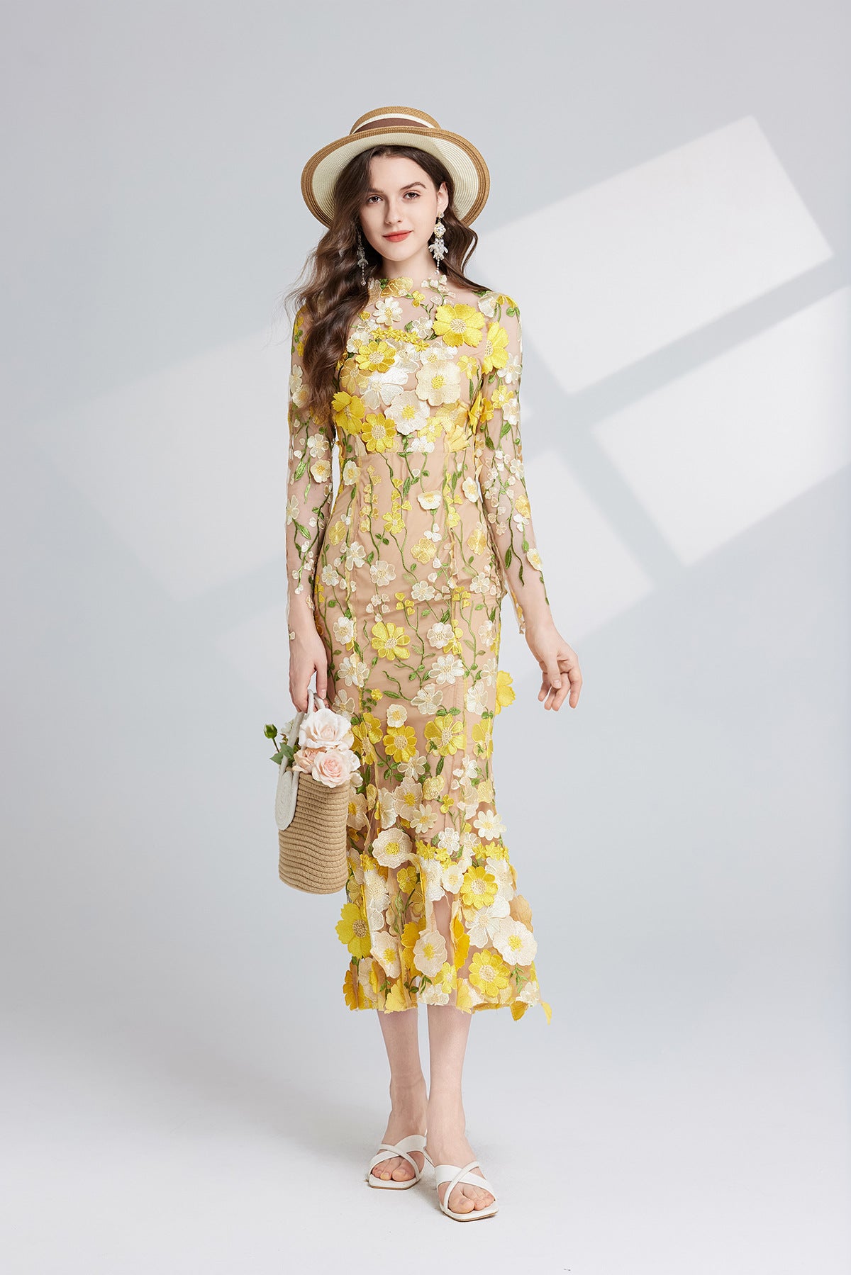 Thalvix Floral Embroidery Mesh Long Sleeve Midi Dress In Yellow