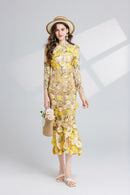 Thalvix Floral Embroidery Mesh Long Sleeve Midi Dress In Yellow