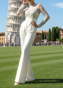 Galvon Long Sleeve Sequin Mesh Jumpsuit In White