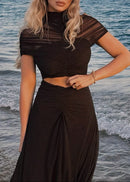 Farrux Draped Mesh A Line Maxi Dress In Brown