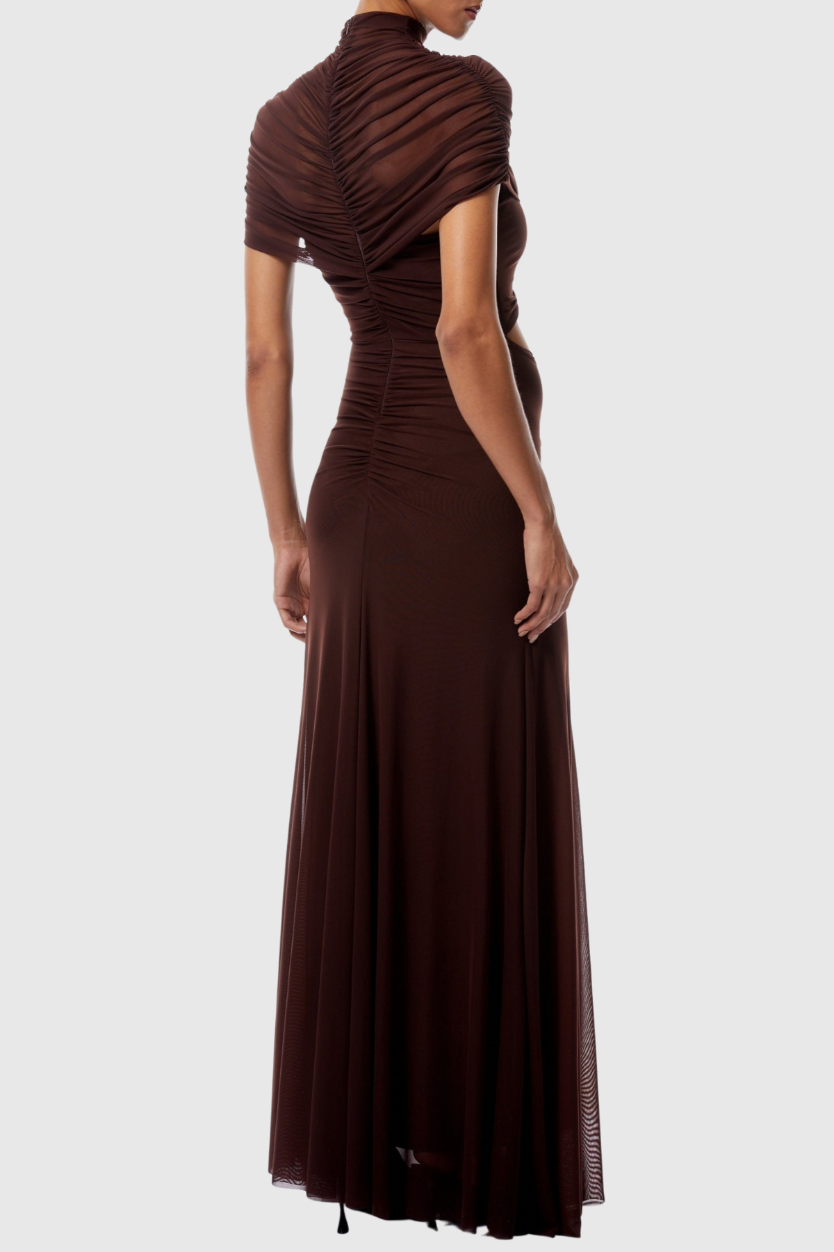 Farrux Draped Mesh A Line Maxi Dress In Brown