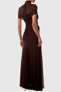 Farrux Draped Mesh A Line Maxi Dress In Brown