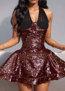 Laldris Halter Sequin Corset A Line Dress In Burgundy