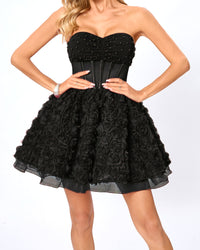 Osorio Strapless 3D Floral A Line Mini Dress In Black