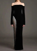 Saelith Long Sleeve Bardot Crystal Mesh Maxi Dress In Black
