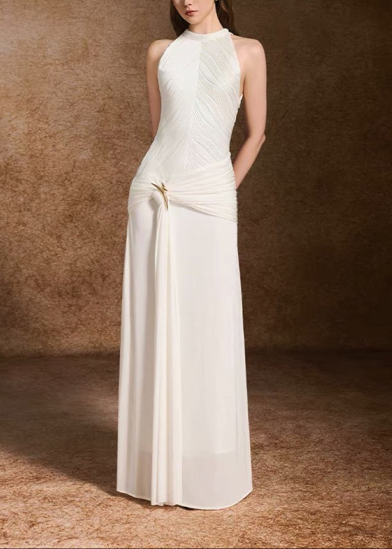 Firas Halter Draped A Line Maxi Dress In White