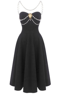 Ashur Pearl Detail A Line Midi Dress In Black