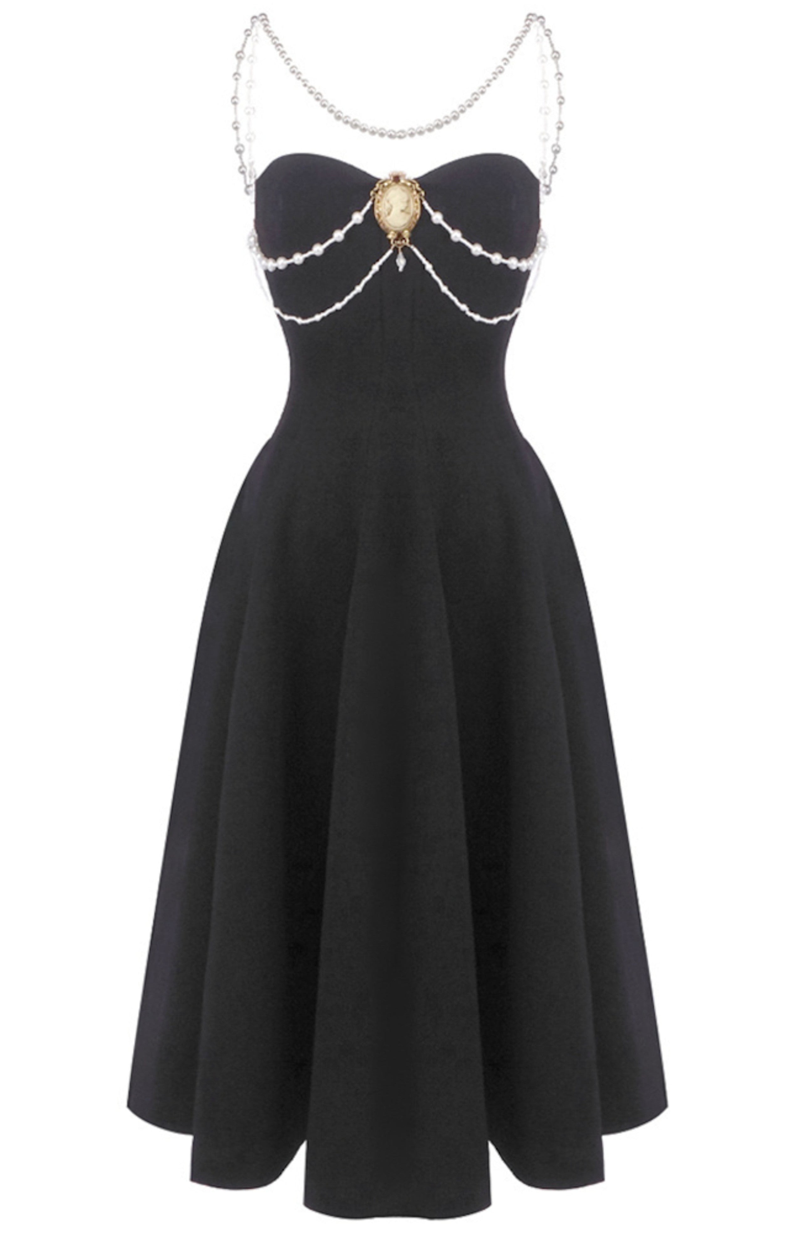 Ashur Pearl Detail A Line Midi Dress In Black