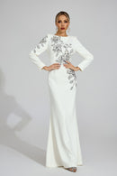 Romaine Long Sleeve Embellished Floral Detail Maxi Dress In White