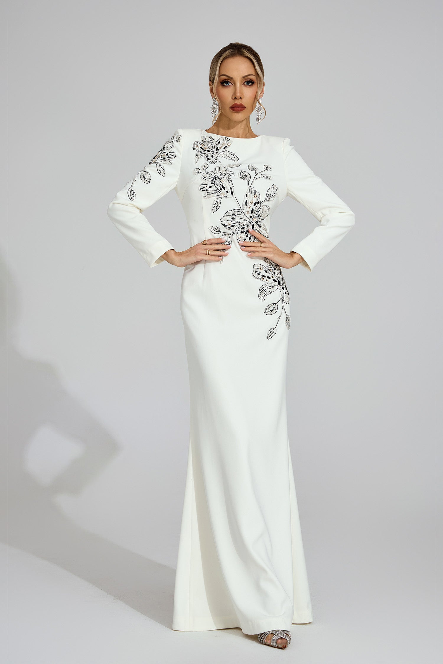 Romaine Long Sleeve Embellished Floral Detail Maxi Dress In White