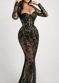Rendor Long Sleeve Crystal Lace Maxi Dress In Black