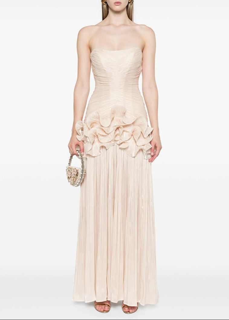 Rosaire Strapless Draped Ruffle Maxi Dress In Ivory