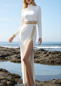 Eivissa Long Sleeve Gold Trim Two Piece Maxi Dress In White