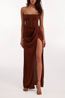 Tafari Strapless Ruched Maxi Dress In Brown