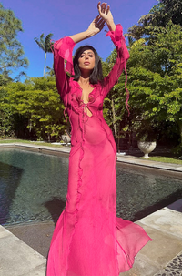 Fuffy Long Sleeve Mesh Split Maxi Dress In Pink
