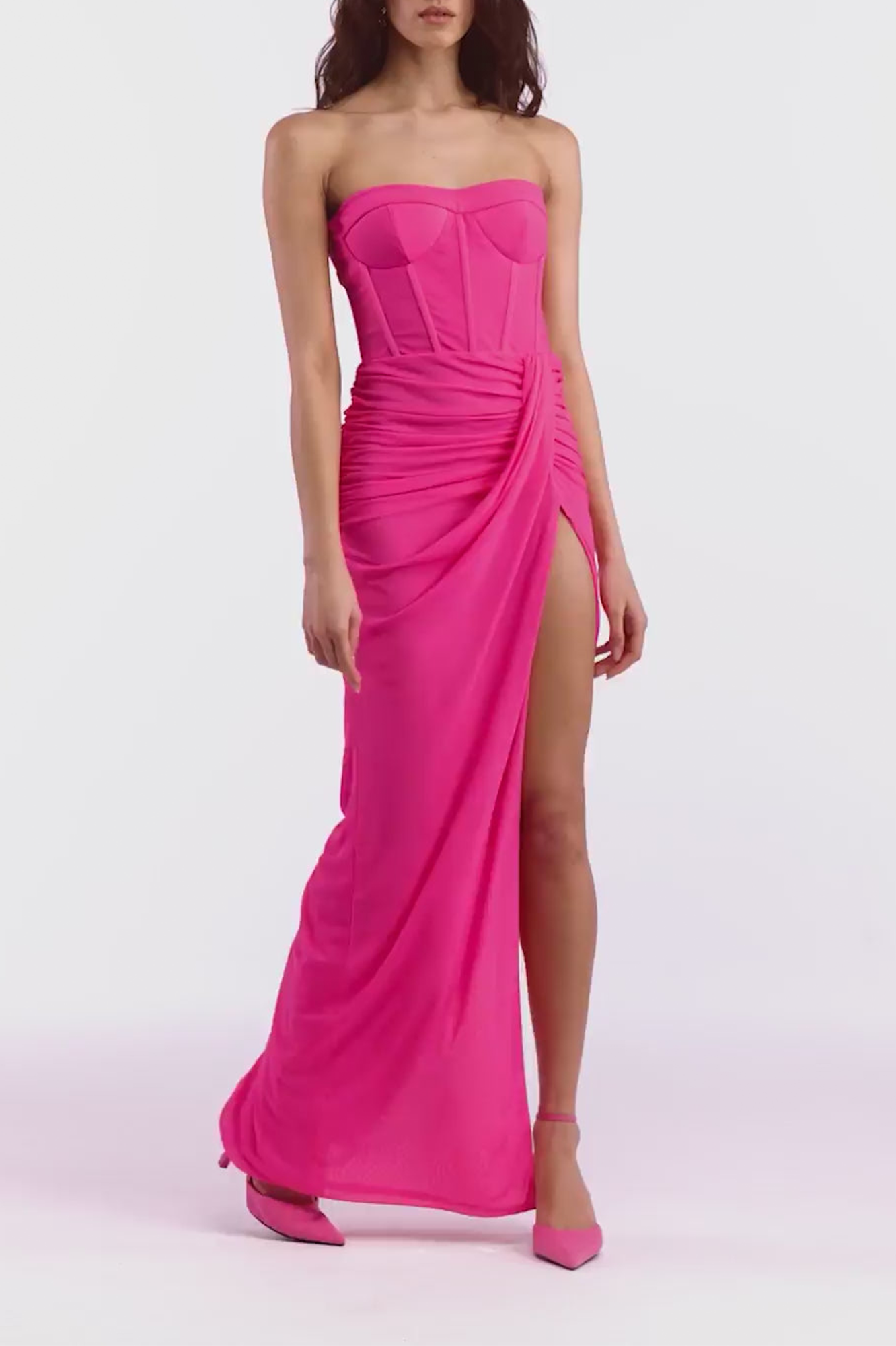 Tafari Strapless Ruched Maxi Dress In Hot Pink
