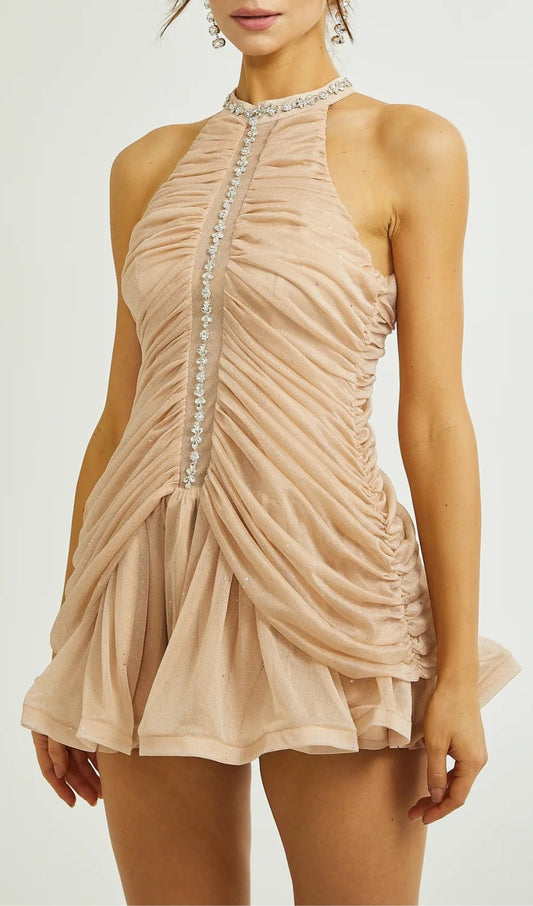 Rex Embellished Ruched Mini Dress In Champagne