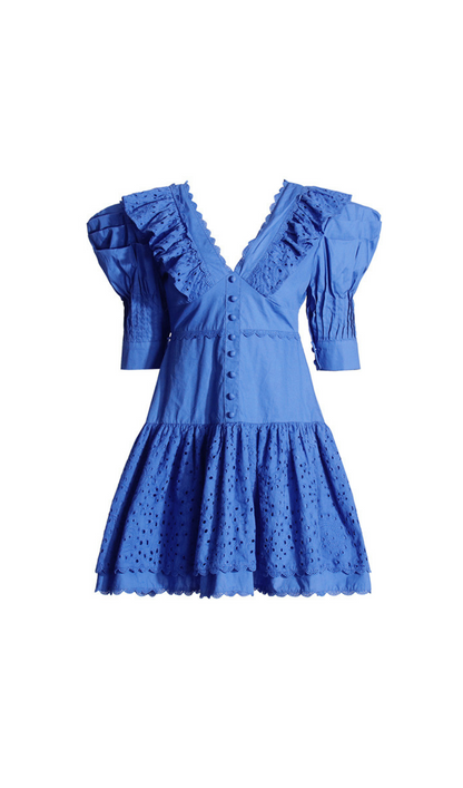 Makoto V-Neck Embroidered Ruffled Mini Dress In Blue