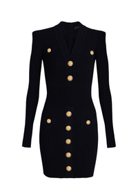 Sable Black Short Knitted Mini Dress With Gold Buttons