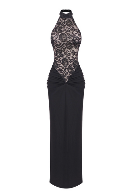 April Halter Neck Lace Bodycon Maxi Dress In Black