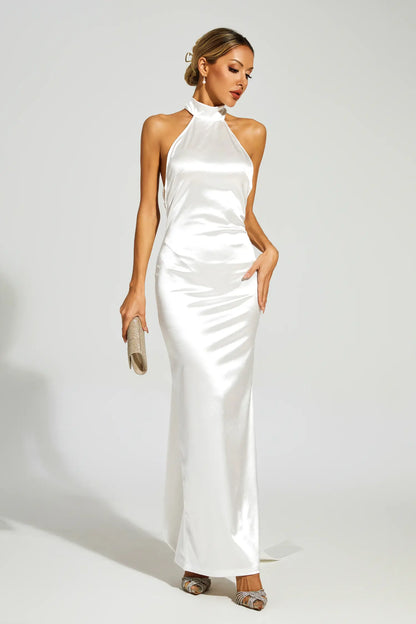 Halcyon Satin Belt Backless Pearl Embellished Maxi Dress In White