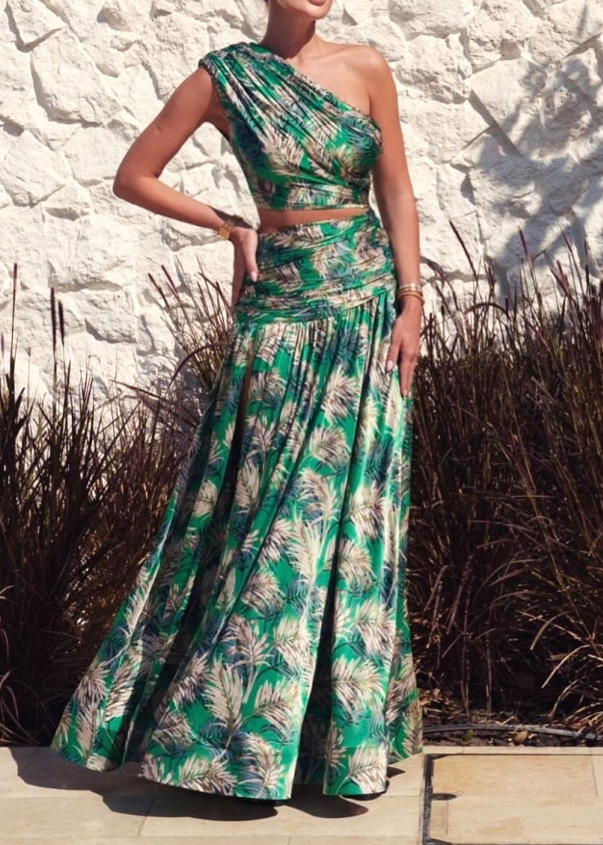 Saahira One Shoulder Floral Two Piece Maxi Dress In Green