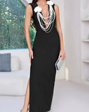 Jaren Floral Pearl Detail Maxi Dress In Black