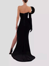 Ixelra Strapless Wave Crystal Velvet Maxi Dress