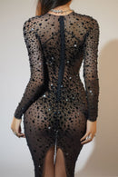 Finnick Long Sleeve Rhinestone Maxi Dress In Black