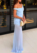 Ryron One Shoulder Corset Draped Maxi Dress In Blue