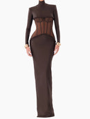 Jaelthis Long Sleeve Structured Mesh Maxi Dress In Brown
