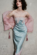 Gravenk Lace-Paneled Satin Midi Dress In Mint Blue
