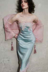 Gravenk Lace-Paneled Satin Midi Dress In Mint Blue